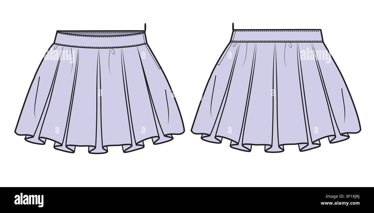 Flared skirt front and back view vector design mockup template technical flat sketch. Stock Vector