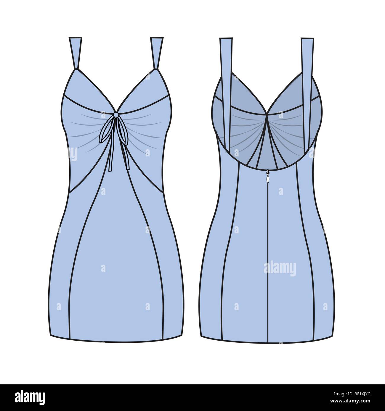 Sun dress front and back view vector mockup template technical drawing. Stock Vector