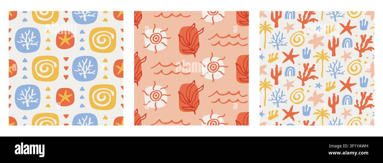 Coastal boho summer seamless vector pattern set Stock Vector