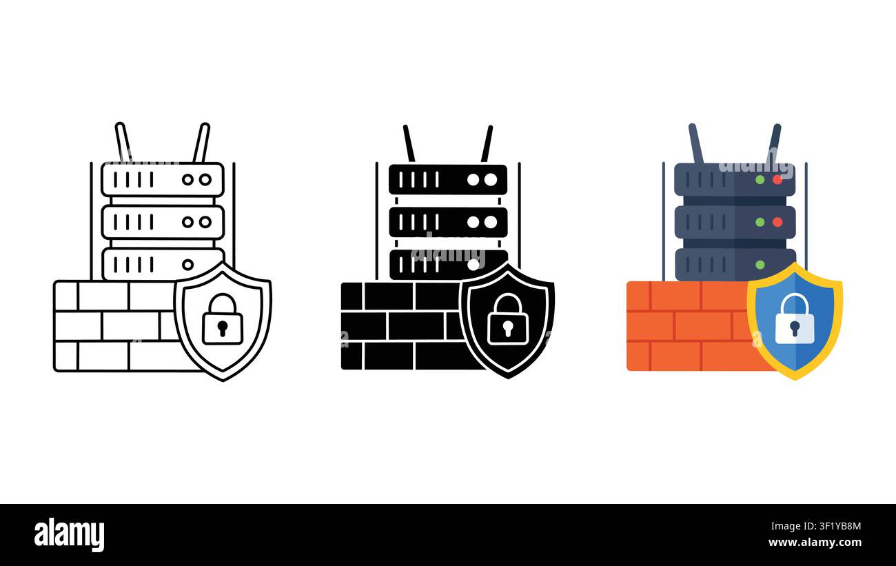 Firewall server security icon set outline silhouette and color vector isolated on white background Stock Vector
