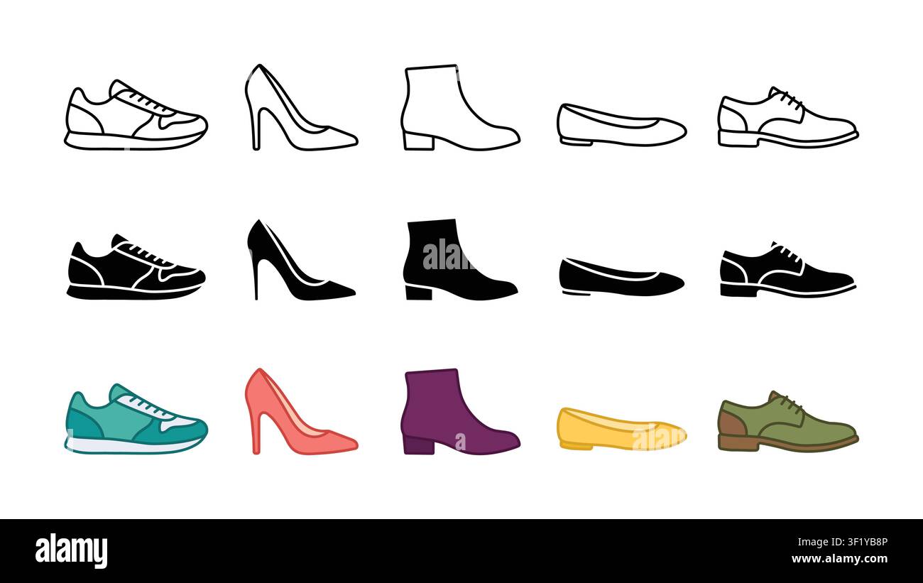 shoe footwear icon set sneaker high heel boot flat and oxford outline silhouette color vector isolated on white background Stock Vector