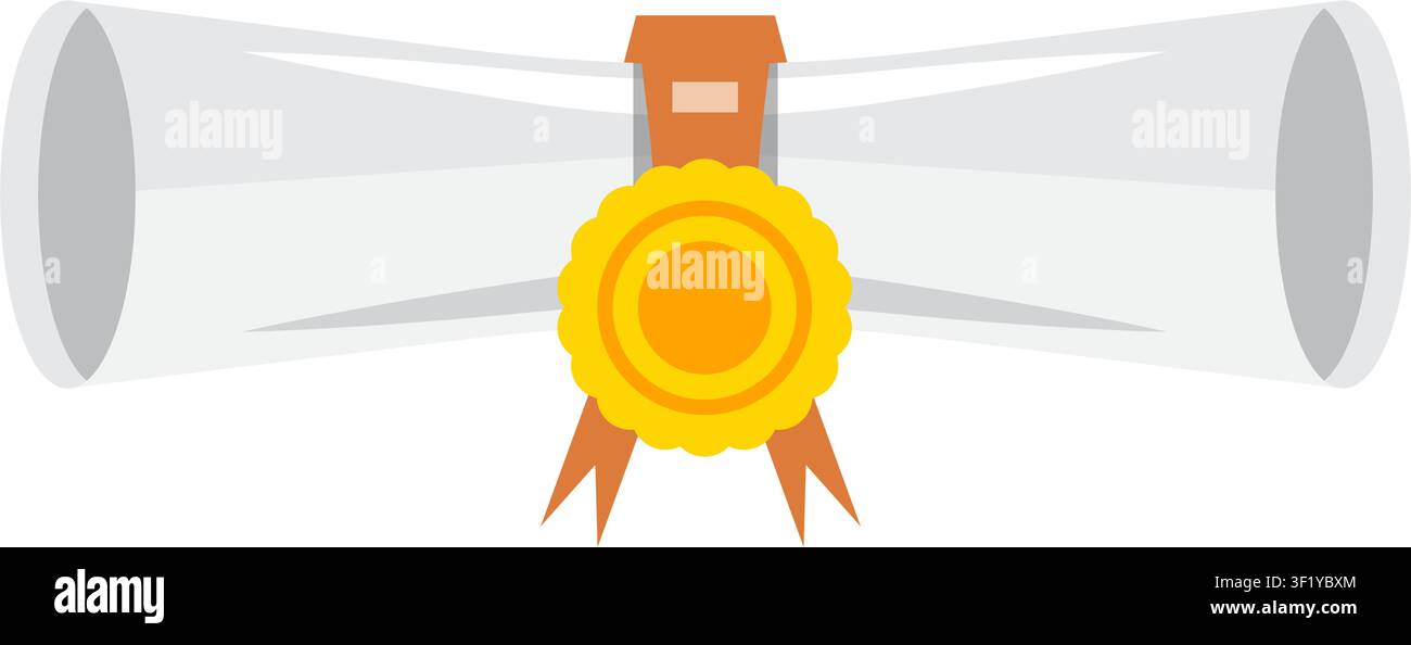 A rolled white graduation diploma featuring a prominent yellow wax seal and orange ribbons, symbolizing academic achievement and success. Stock Vector