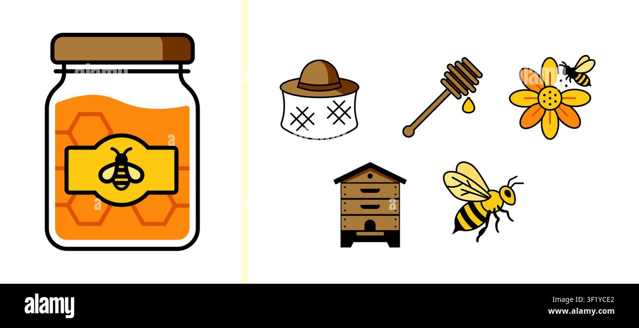 Beekeeping icon set featuring honey jar, beehive, honey dipper, honeycomb, bee and flower illustrations for apiary, organic farming and honey. Stock Vector