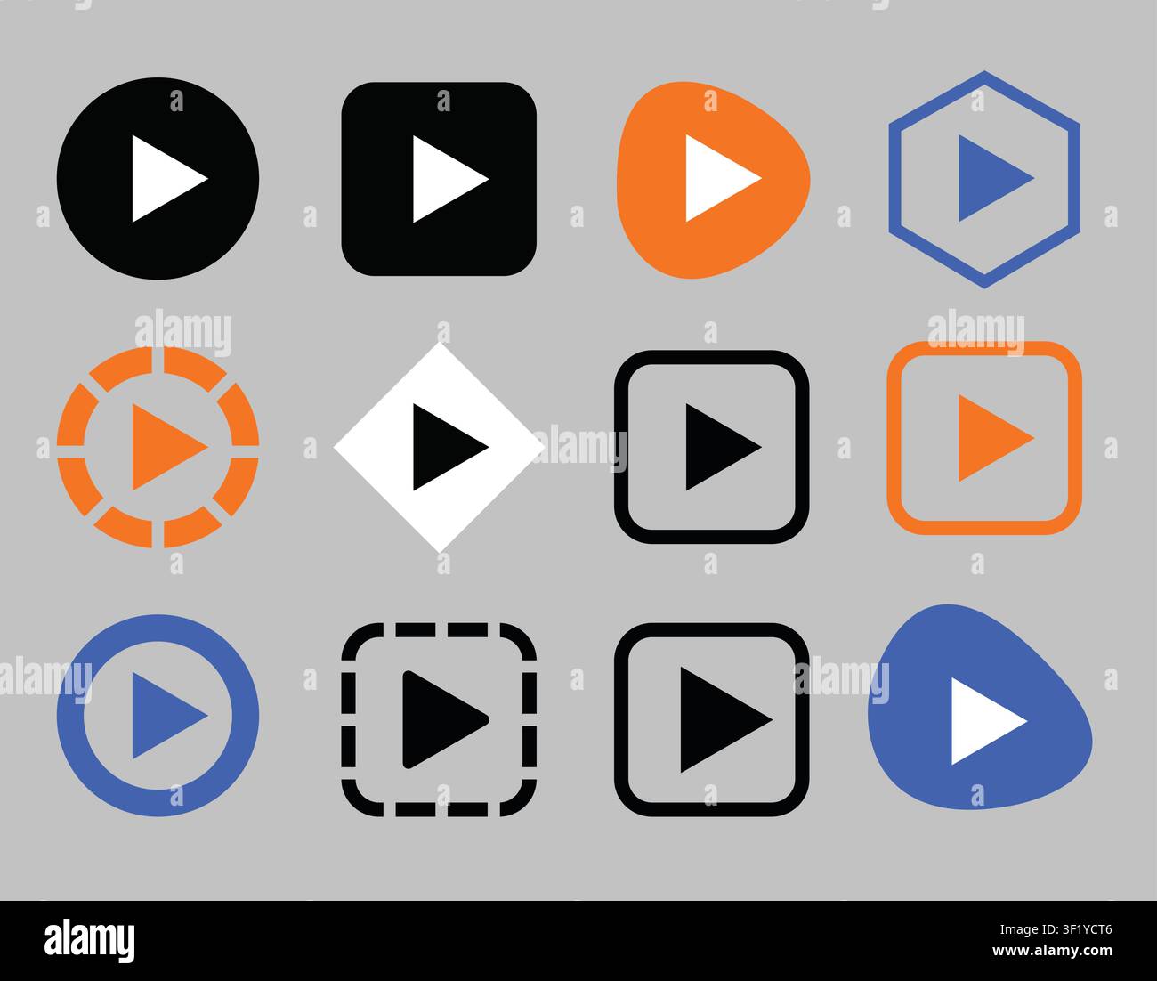 Play button icon set with media player symbols, video playback controls and streaming interface elements in multiple modern styles vector Stock Vector
