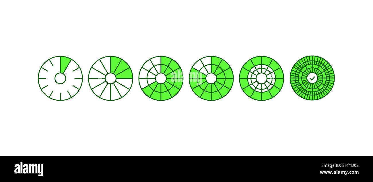 Circular progress indicator icon set with loading stages, completion rings and radial progress charts for dashboards, analytics and user interface. Stock Vector