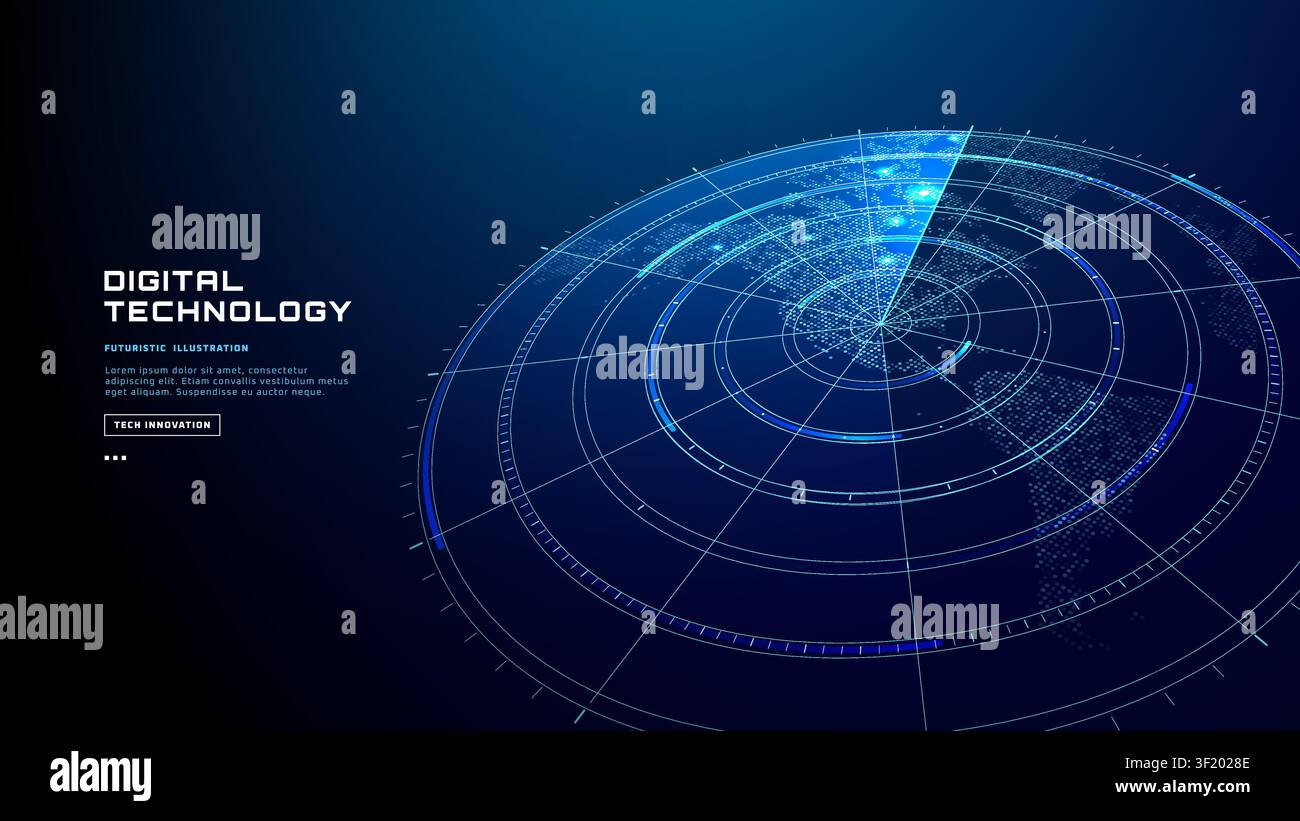 Advanced radar technology with HUD screen shows sonar navigation map Stock Vector