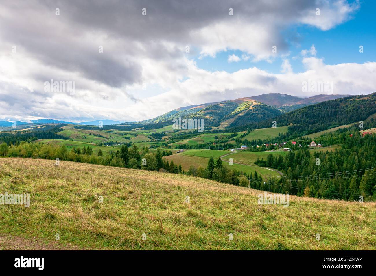 countryside meadow in mountain landscape of ukraine. lush grass fields at the foot of borzhava ridge. beautiful view of transcarpathian scenery in ear Stock Photo