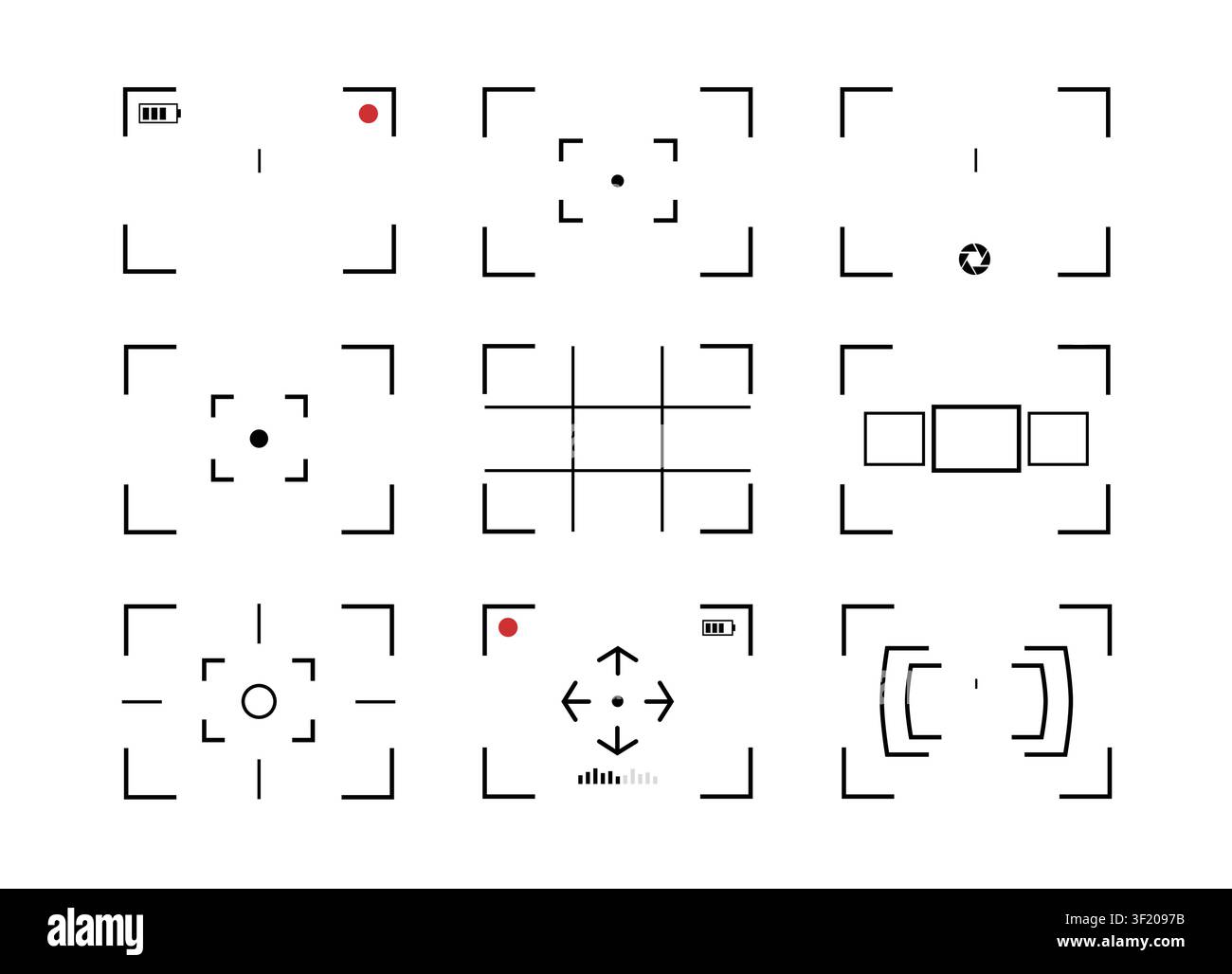 Camera focus frame icon set with viewfinder overlays, autofocus guides and recording interface elements vector Stock Vector