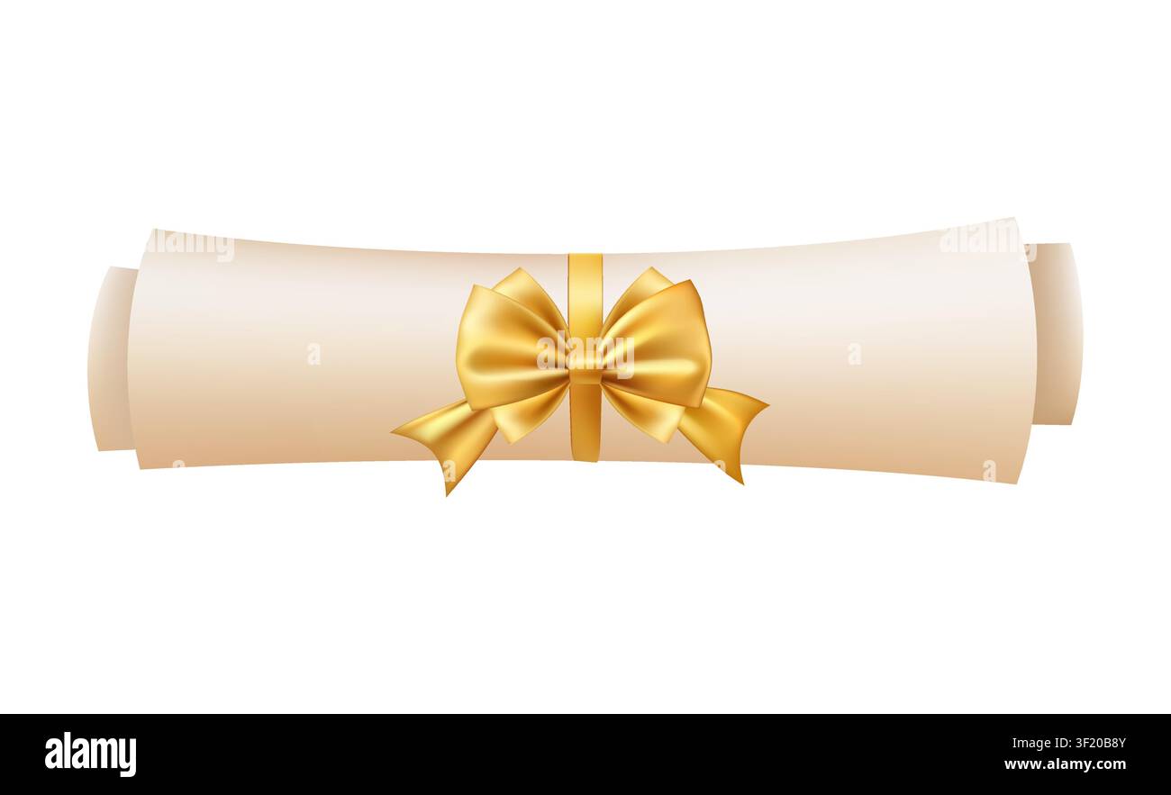 3d diploma scroll icon. Diploma with golden bow. Stock Vector