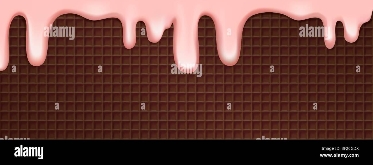 Pink ice cream melt in chocolate waffle, wafer cone texture macro. Square shape pattern bg. Strawberry candy icecream on cocoa cookie, gelato poster Stock Vector