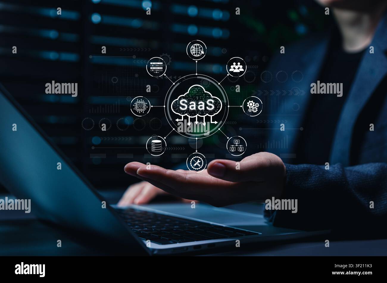 SaaS cloud software platform concept. IT developer presents cloud computing, subscription service network, server database, automation gears, global Stock Photo