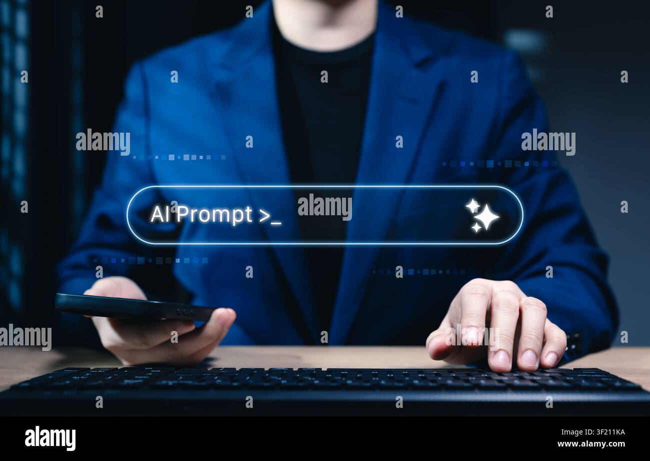 AI prompt interface concept with glowing command input bar, generative artificial intelligence search, prompt engineering, automation, Stock Photo