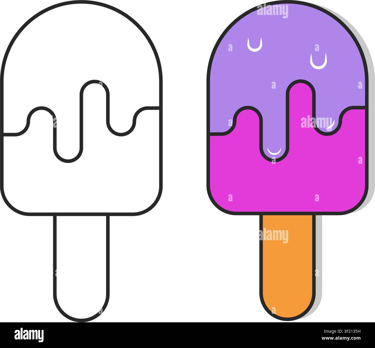 A coloring page template featuring a blank line art popsicle next to a fully colored purple and pink ice cream bar on a stick. Stock Vector