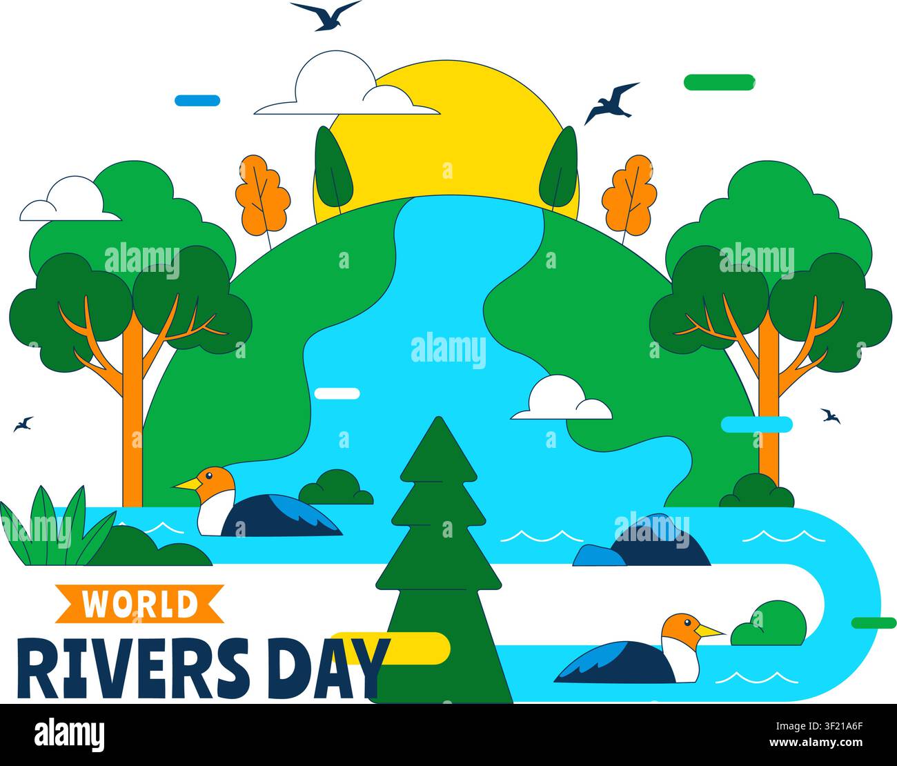 Vector Illustration of a River Landscape with Mountain Views, Green Fields, Trees, and Forests Surrounding the Rivers in a Flat Cartoon Background Stock Vector