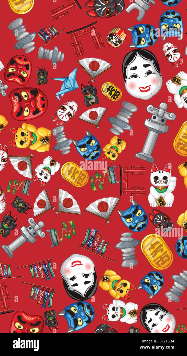 Flat vector illustration of traditional icons including lucky cats, masks, and lanterns on red. Stock Vector