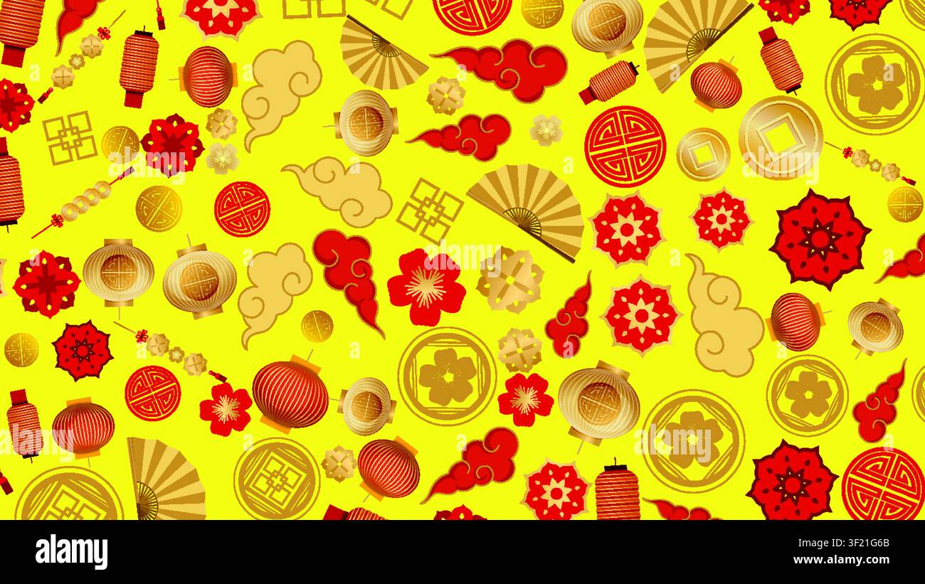 Vector illustration of traditional lanterns, clouds, and fans arranged in a festive seamless pattern. Stock Vector