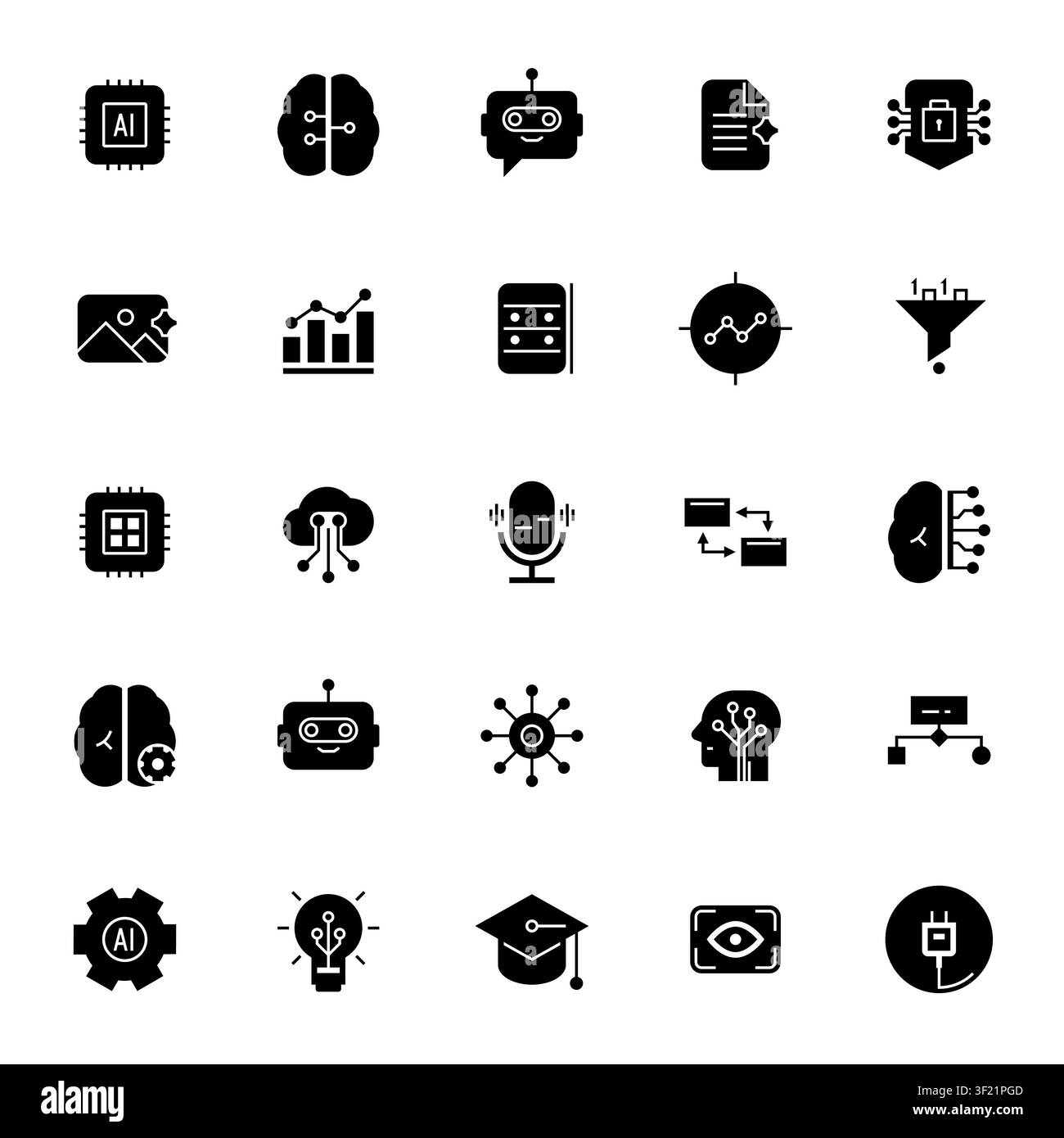 Artificial intelligence and machine learning filled icons set Stock Vector