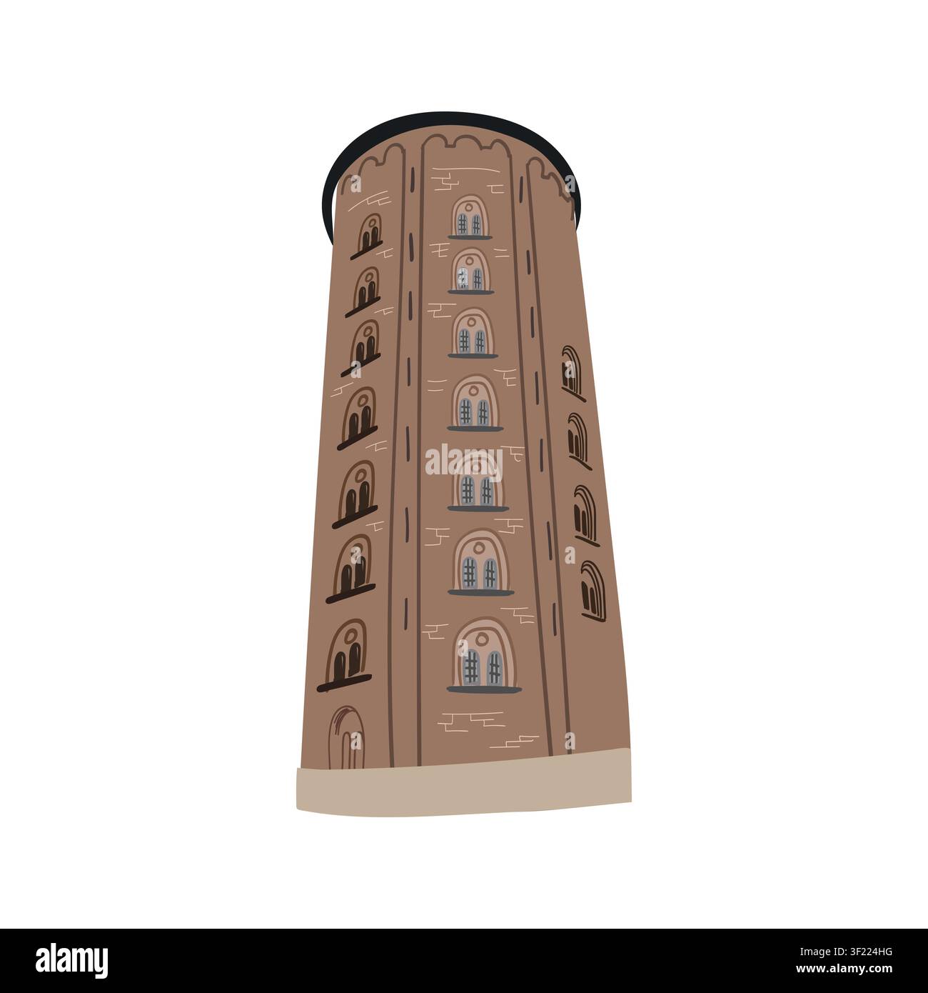 Round brick tower with arched windows, flat vector illustration Stock Vector