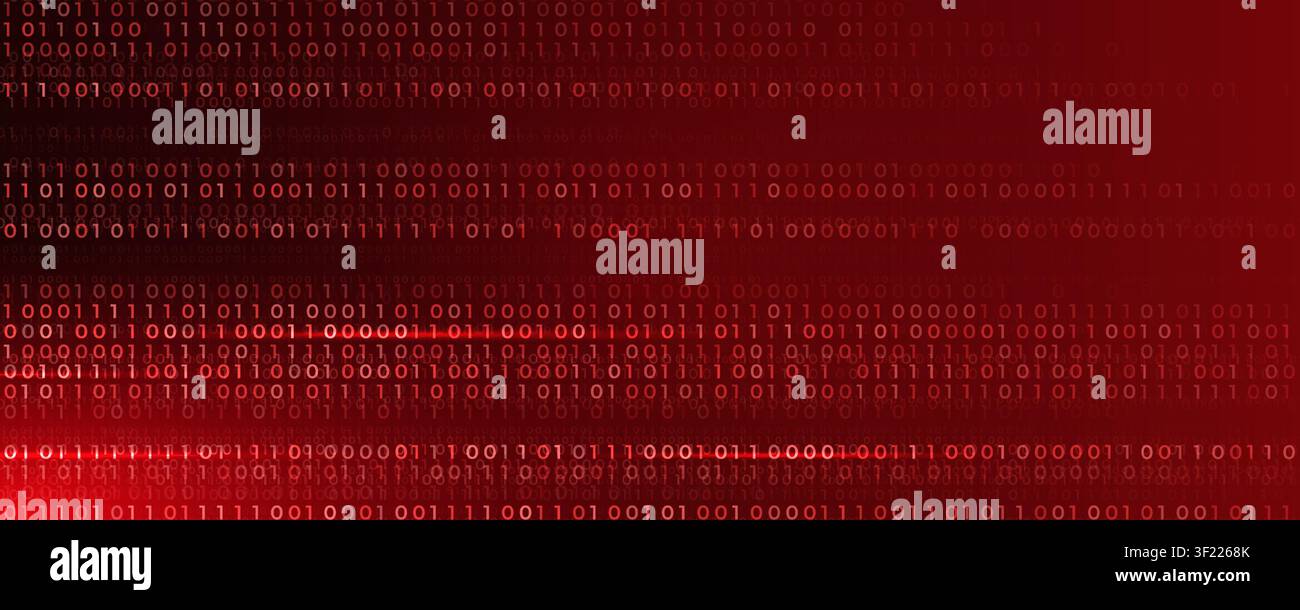 Red binary code digital technology background, glowing data streams. Cybersecurity, hacking, programming, network, big data presentation design Stock Vector