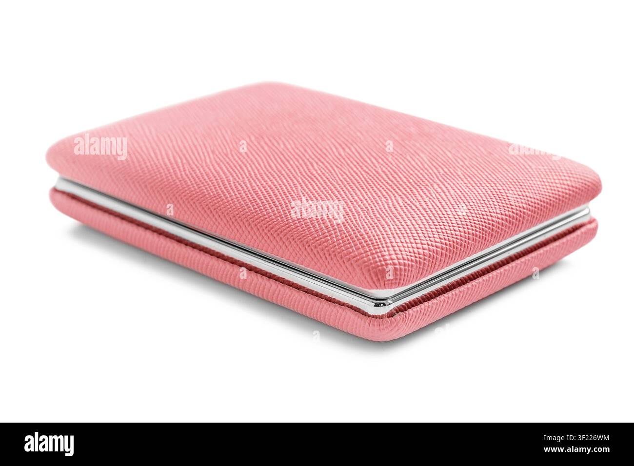 Pink artificial leather wallet lying isolated on white background Stock Photo