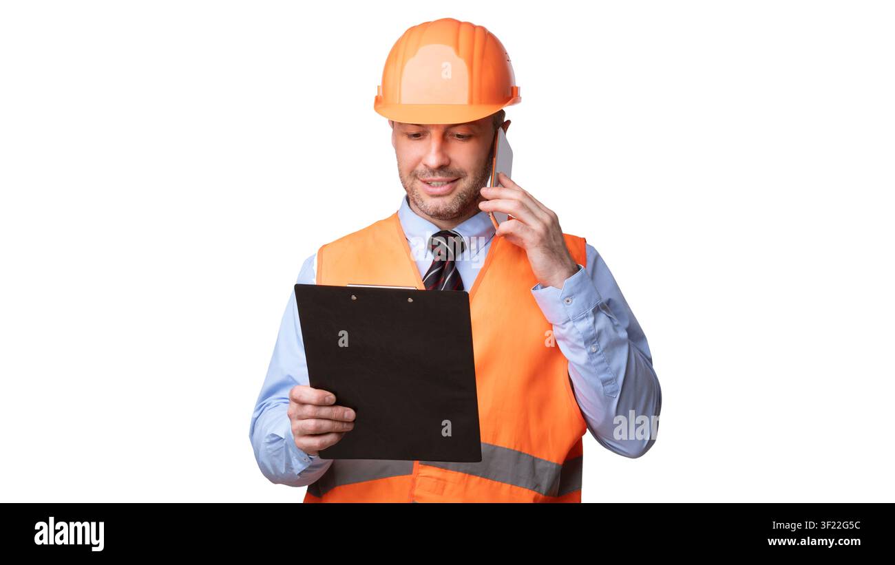 Builder Worker In Hardhat Talking On Cellphone Over White Background Stock Photo