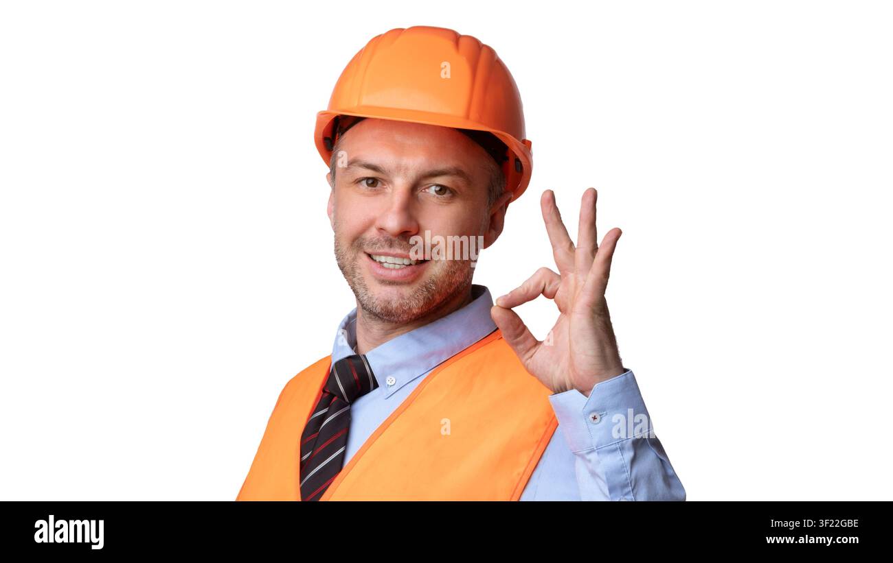 Cheerful Builder In Uniform Gesturing Ok On White Background, Panorama Stock Photo