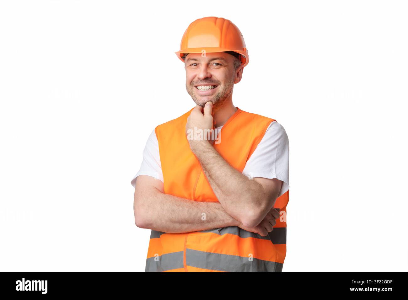 Happy Builder Smiling To Camera Posing Standing On White Background Stock Photo