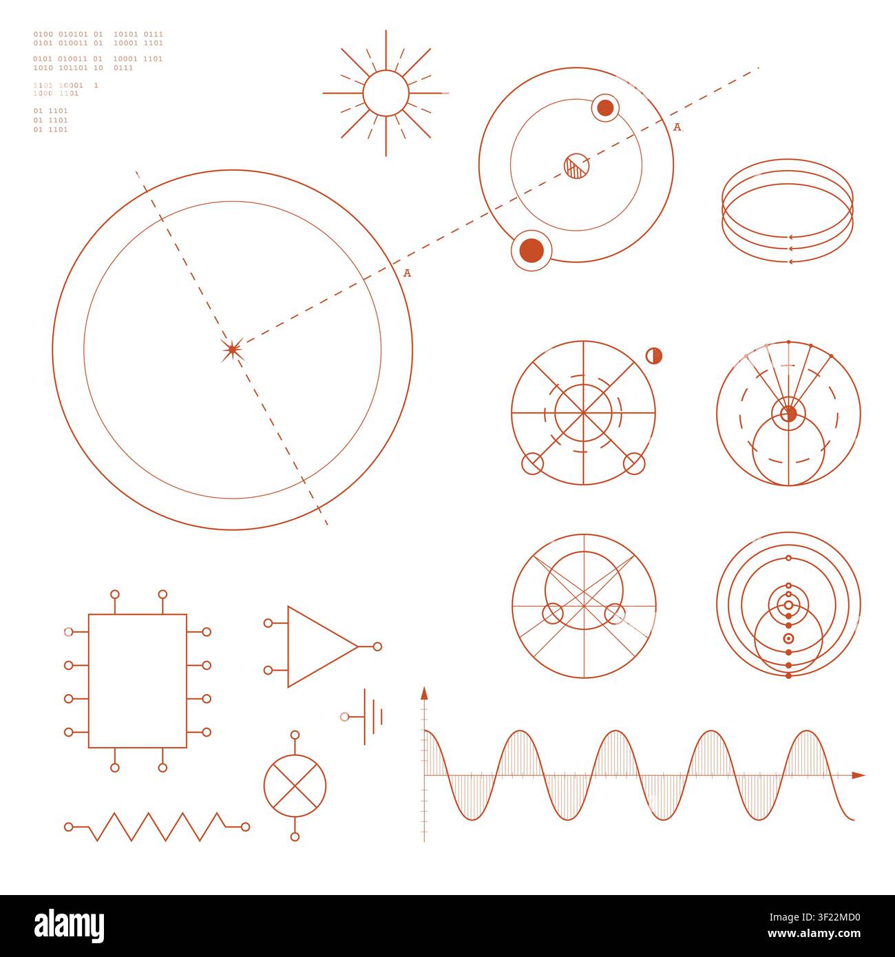 Scientific orbital diagrams with electronic circuits, waveforms and engineering graphics Stock Vector