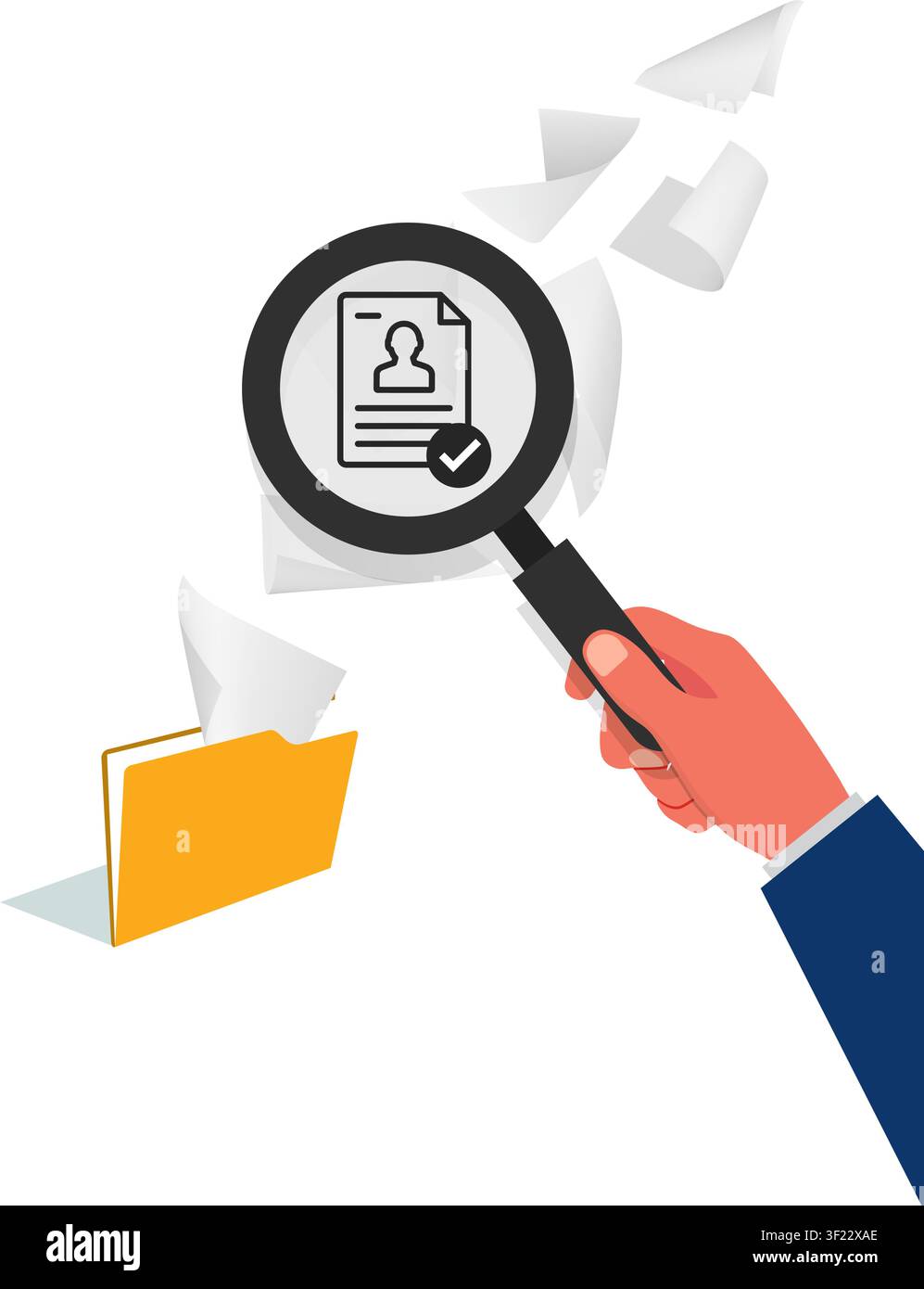 A hand holds a magnifying glass inspecting a candidate profile document flying out of an open yellow folder. Stock Vector