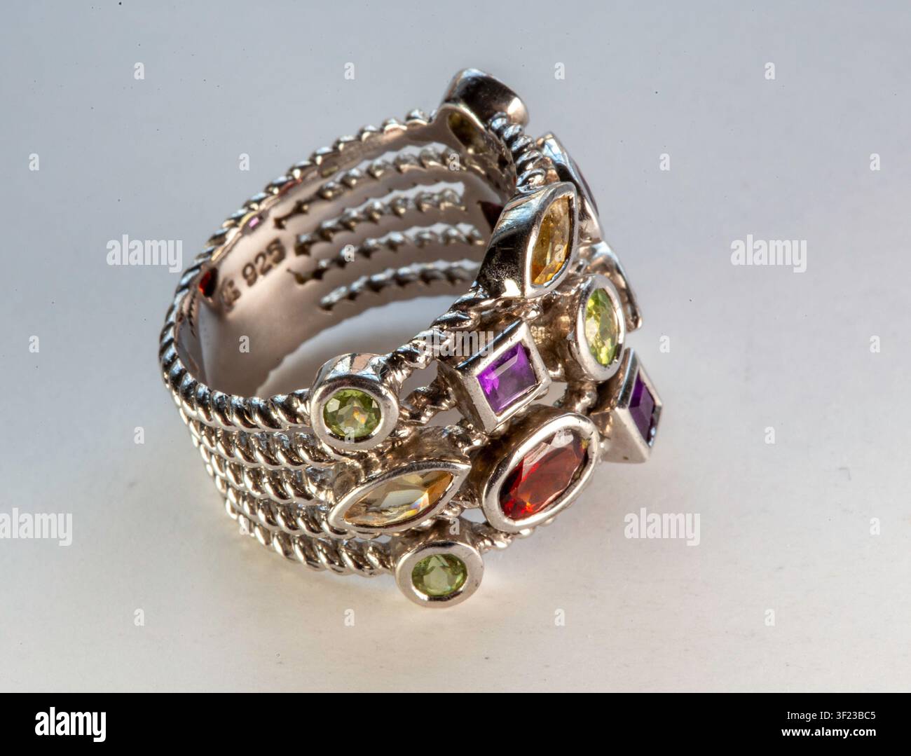 Vintage sterling silver multi-stone statement ring. Stock Photo