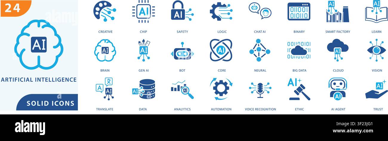 artificial intelligence solid icon set featuring ai technology, machine learning, generative ai, neural networks, chat ai, ai chip, big data, cloud co Stock Vector