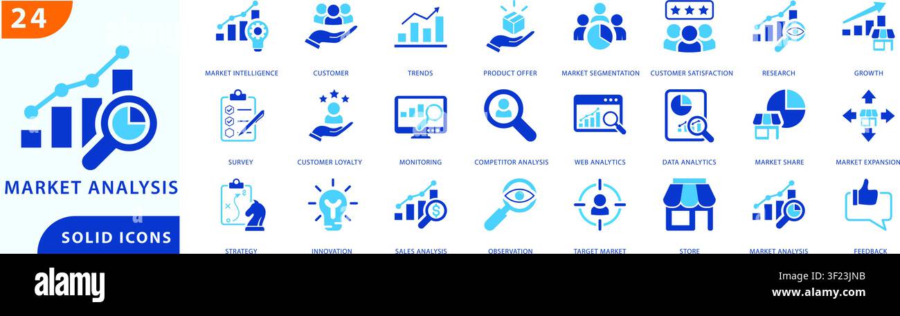 market analysis solid icon set featuring market intelligence, customer insights, market trends, product  offers, market segmentation, research, Stock Vector