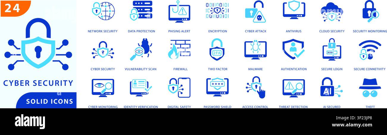 cyber security solid icon set featuring network security, data protection, encryption, phishing alert, cyber attack prevention, firewall, Stock Vector