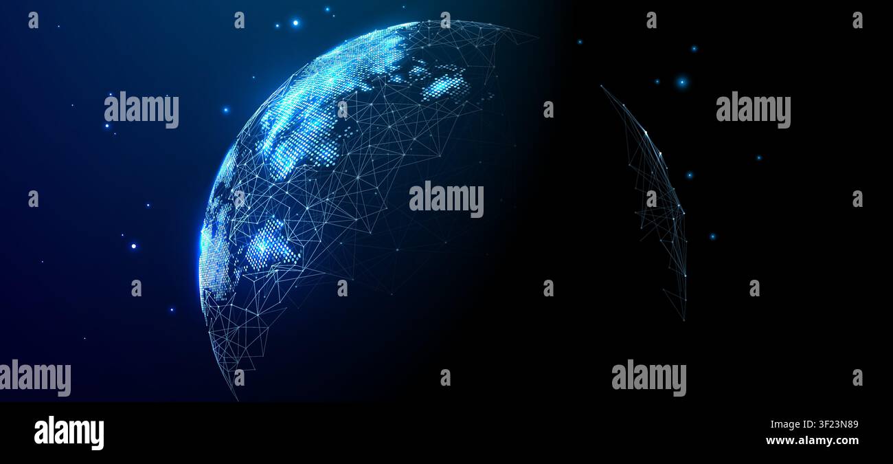 Abstract blue sphere with wireframe grid and glowing dots  Stock Vector