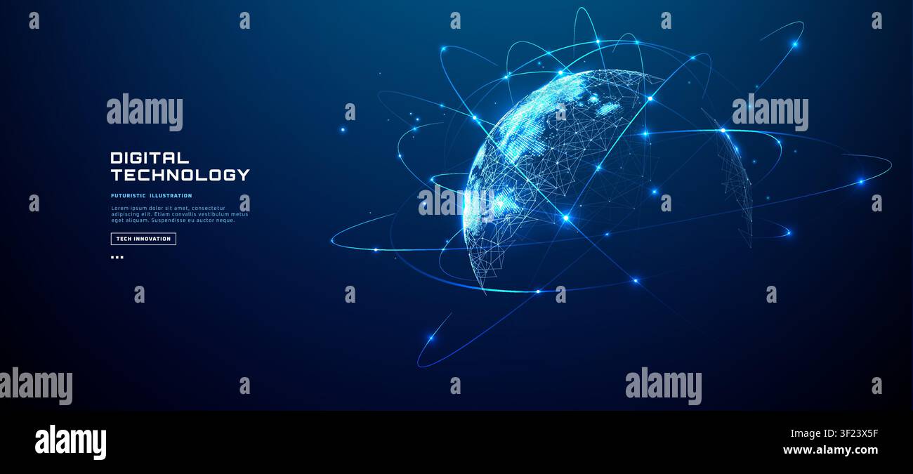 Digital world map with glowing network connections. Blue globe surface Stock Vector