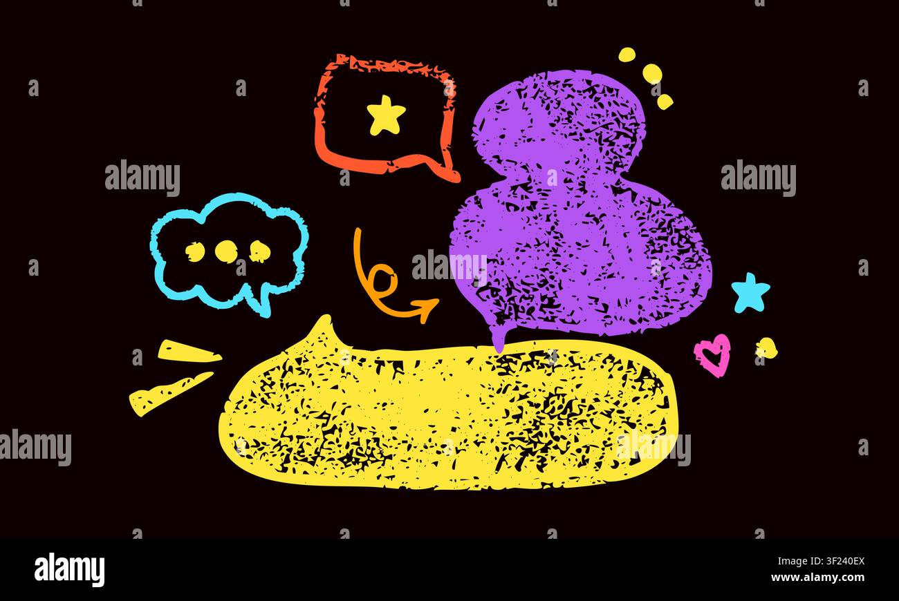 Yellow and purple crayon hand drawn Irregular text boxes. Stock Vector