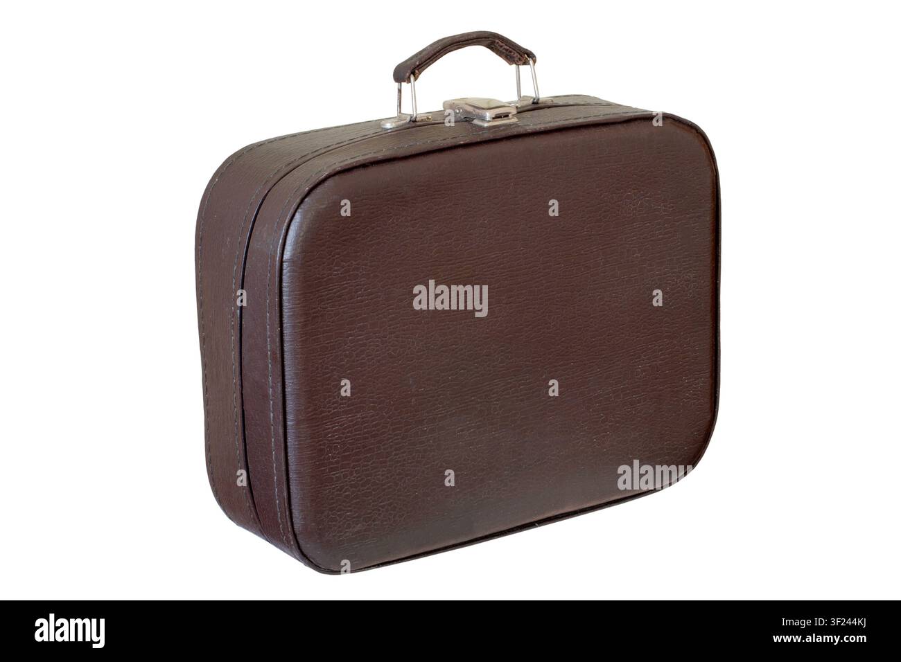 An old leather suitcase on a white background. A close-up of a brown leather suitcase. Stock Photo