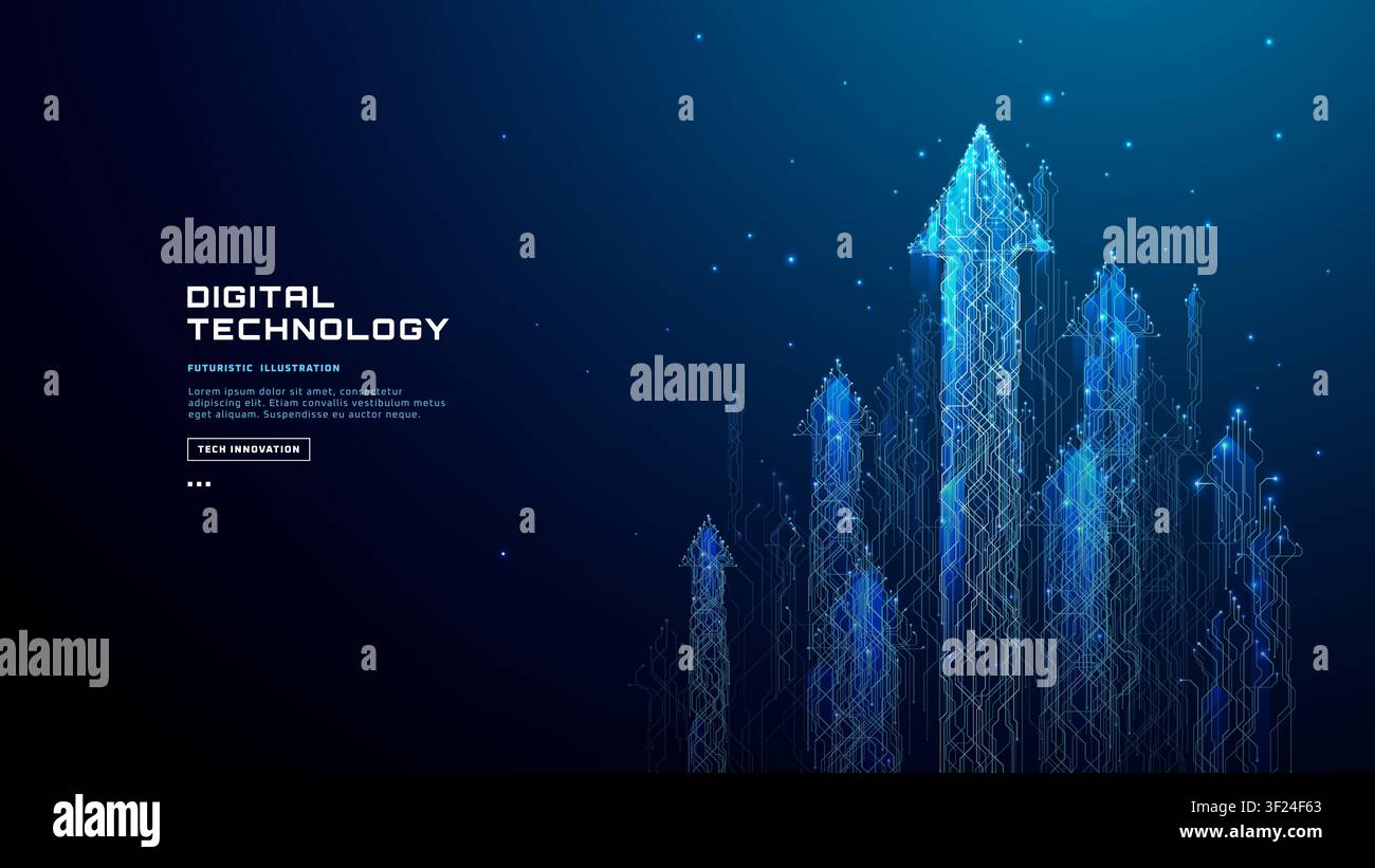Blue tech arrows surge upward through glowing circuit paths Stock Vector