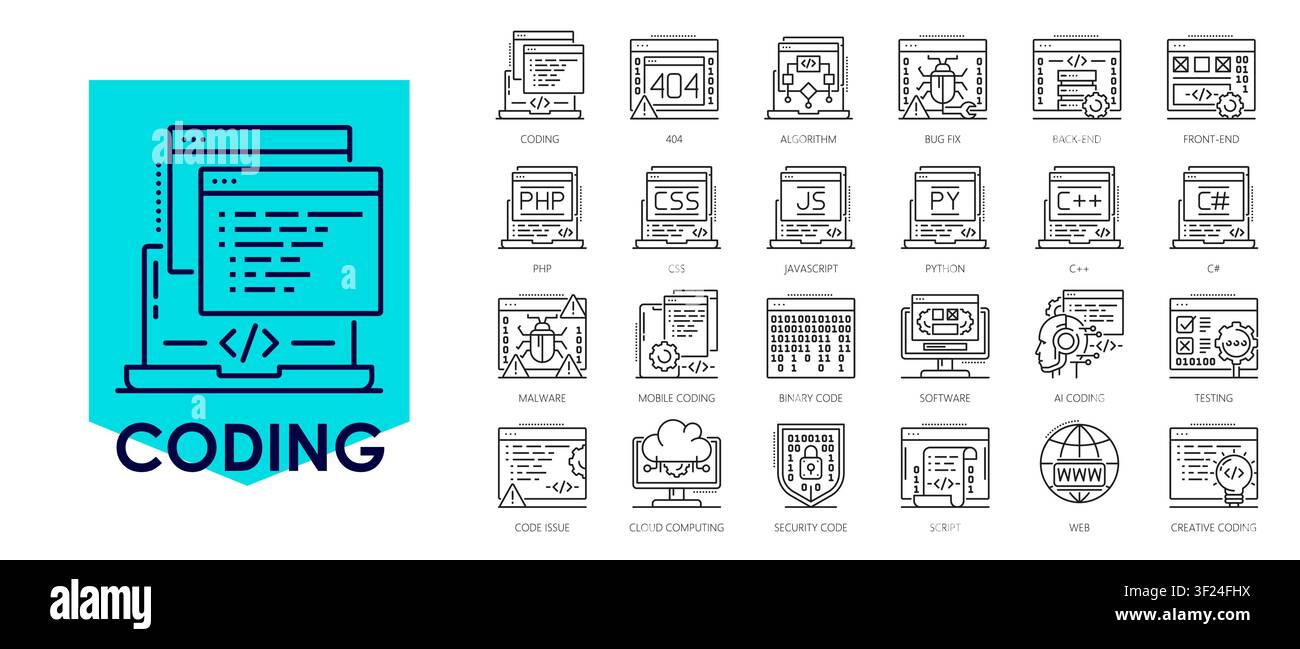 Software program code vector icons set. Outline coding and development symbols including algorithm, bug fix, malware and programming languages. Vector icons of tech website, software documentation Stock Vector