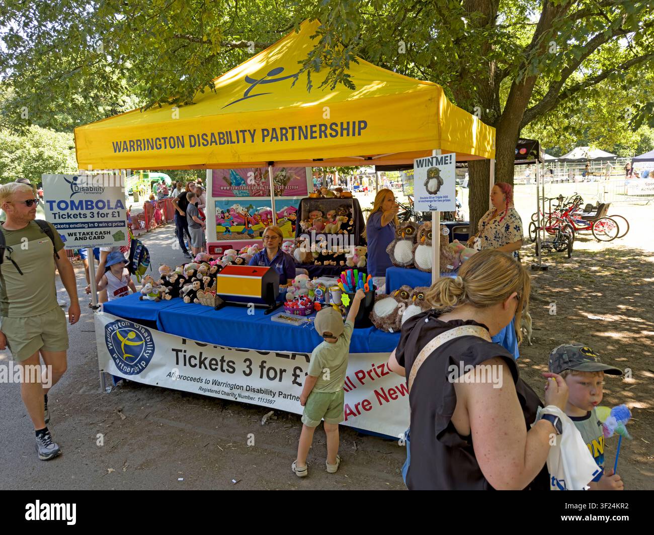 Warrington Disability Partnership tombola stall at Warrington Disability Awareness Day July 2026, Walton Hall and Gardens, Warrington, 12 July 2026 Stock Photo