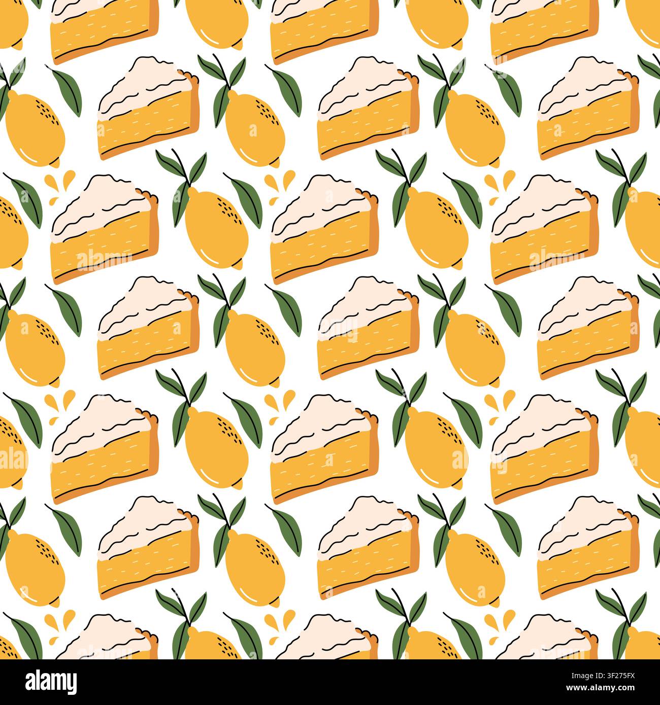 Lemon Pie and Fresh Whole Lemons Seamless Pattern Design Stock Vector