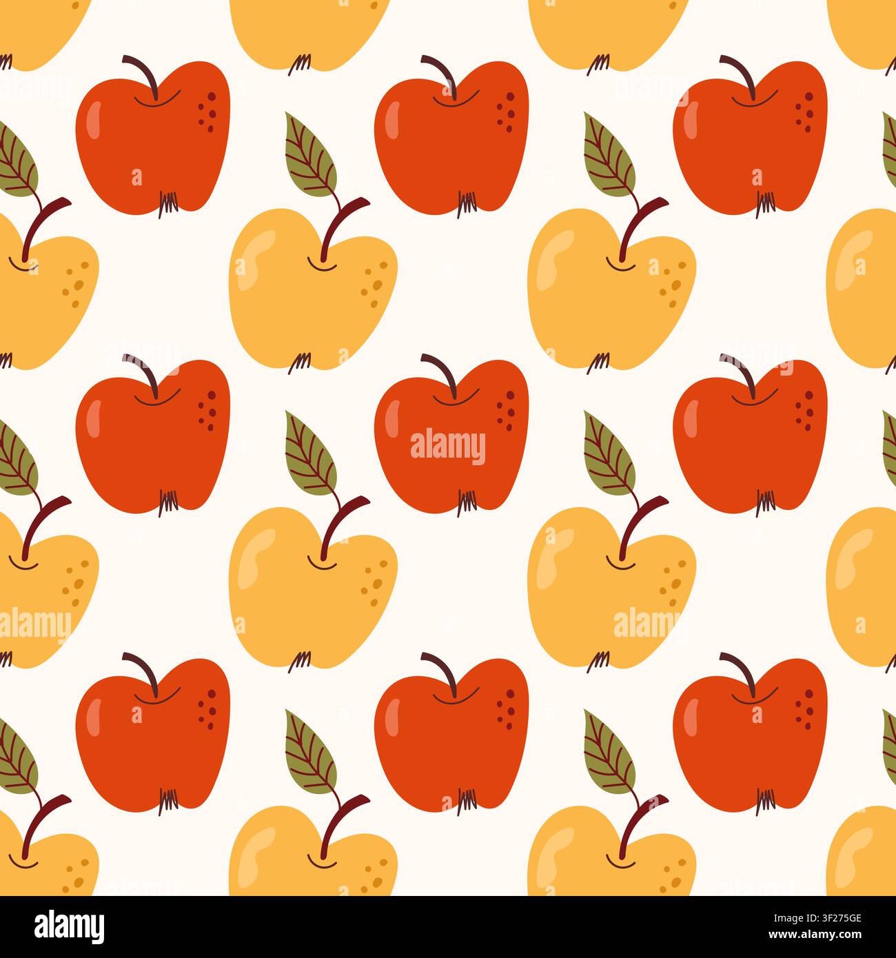 Autumn Red and Yellow Apple Seamless Pattern Hand Drawn Fruit Background Stock Vector