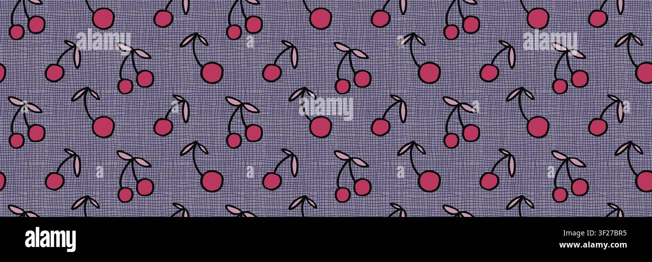 Hand Drawn Cherry Seamless Pattern on Textured Purple Background Stock Vector