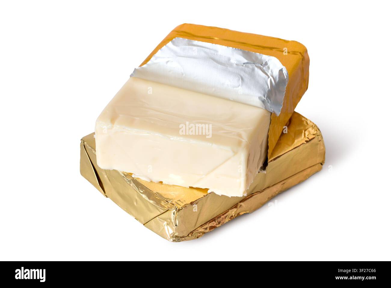 Rectangular processed cheese in a foil package. Processed cheese isolated on white background Stock Photo