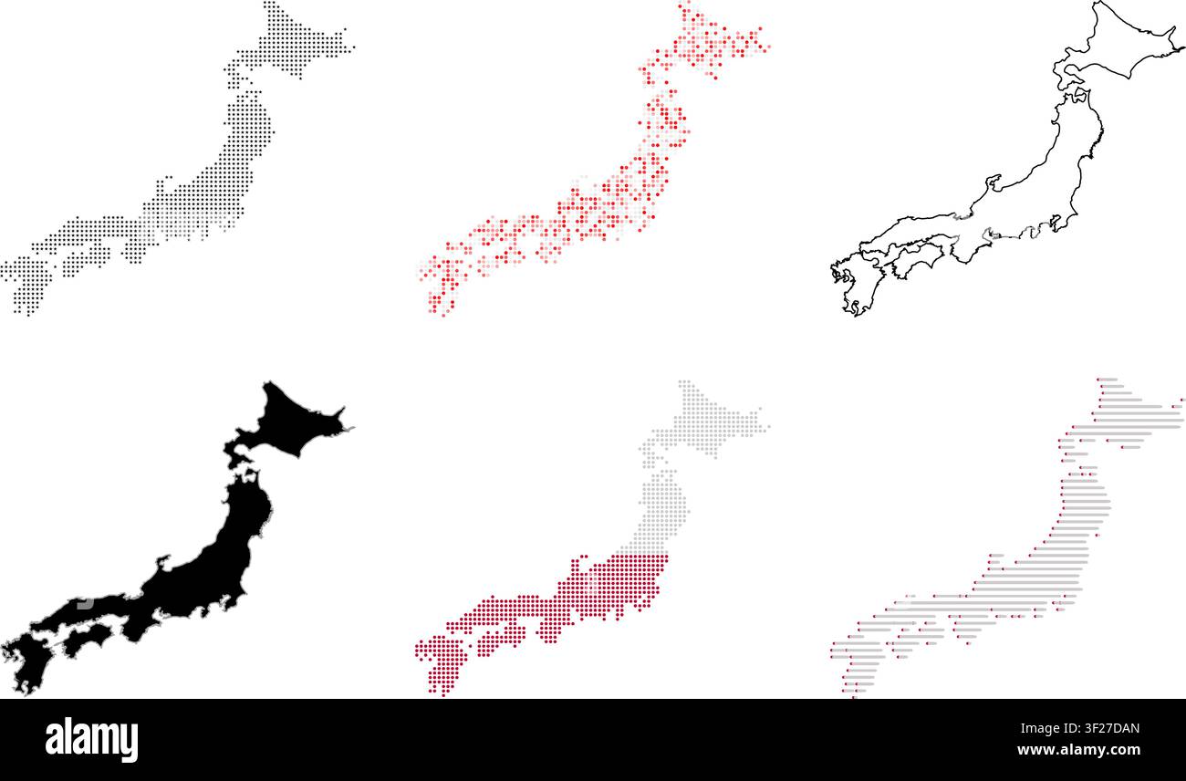 Japan map silhouettes collection. Set of various graphic island nation shapes. Stock Vector