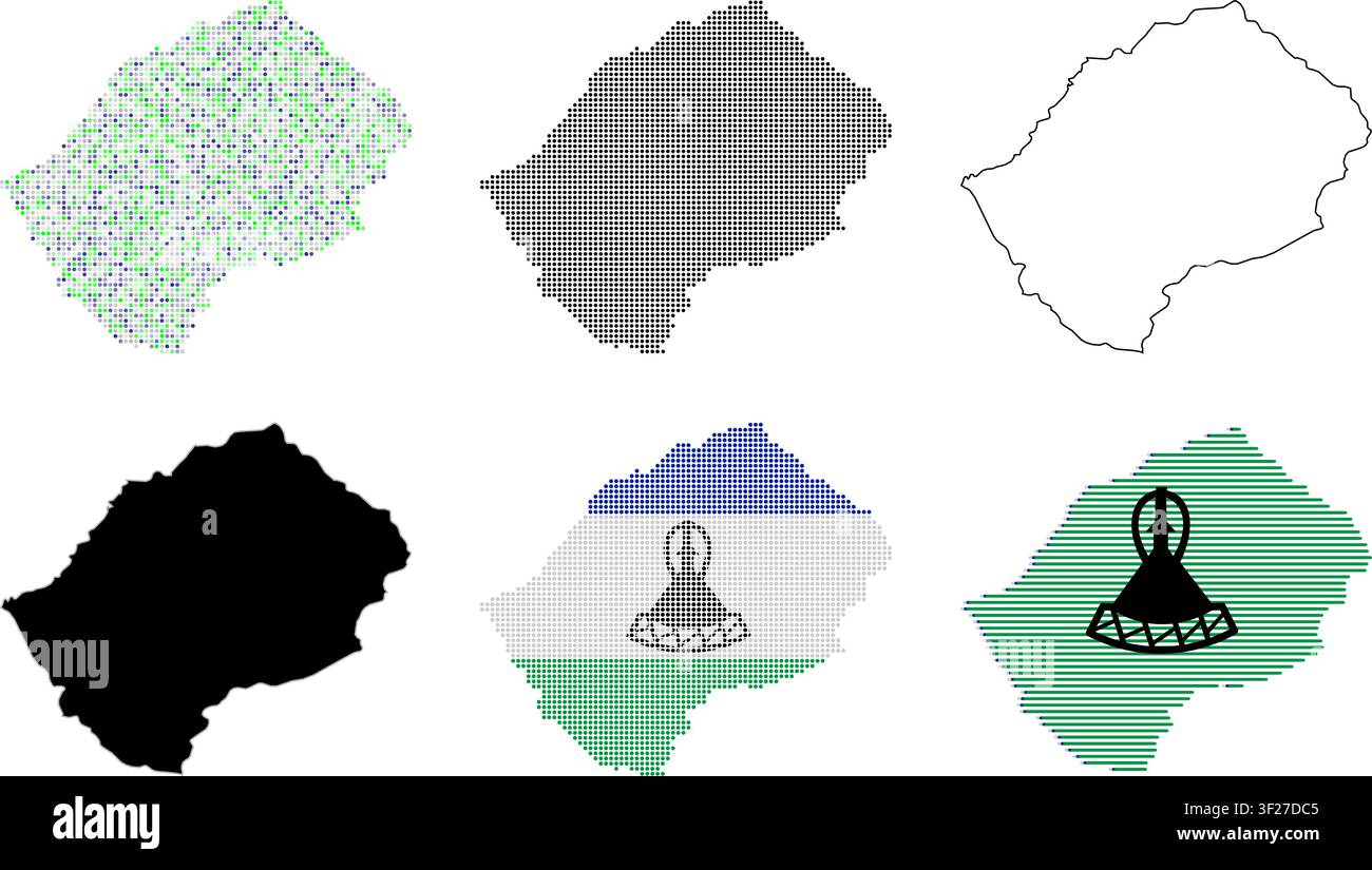 Lesotho map collection. Set of country silhouettes with flag patterns and halftone designs. Stock Vector
