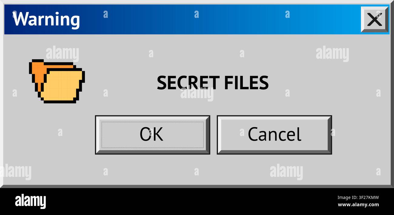 Retro computer warning popup window displaying secret files folder icon message Stock Vector