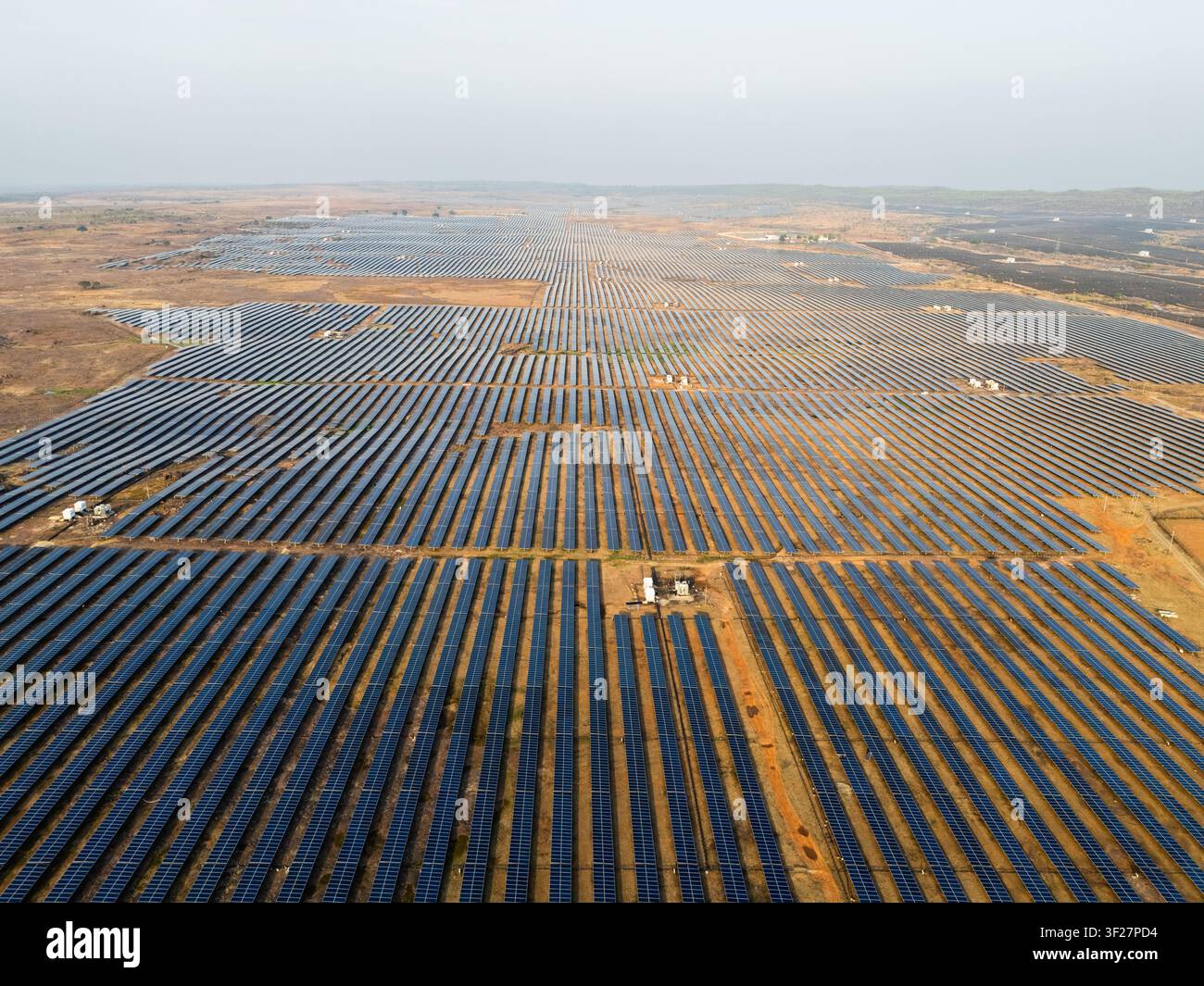 Massive Utility Scale Solar Power Plant Captured from Drone Above Stock Photo