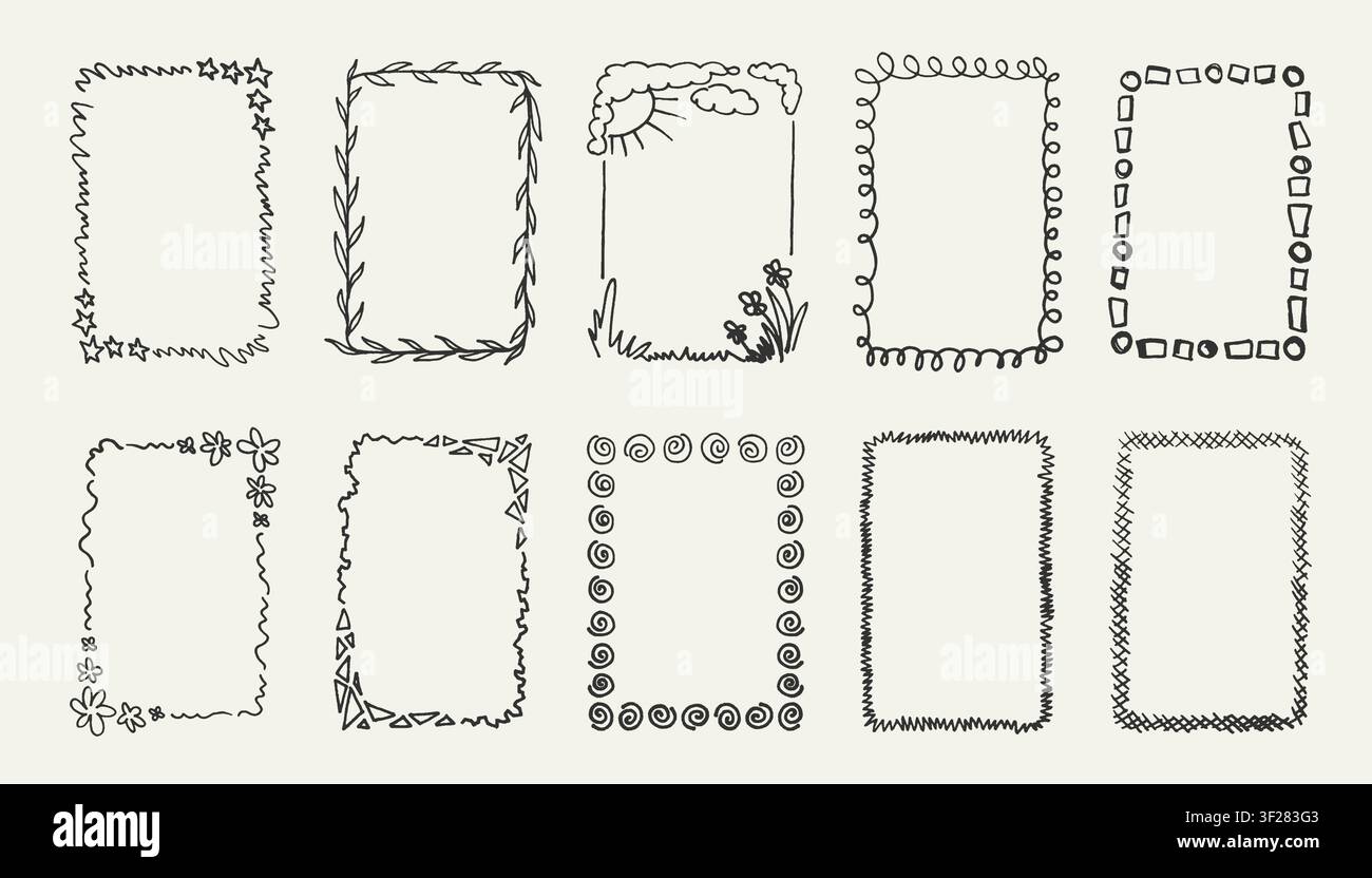 Hand drawn rectangle frames collection. Black borders with doodle scribbles. Funny crayon frame vector set Stock Vector