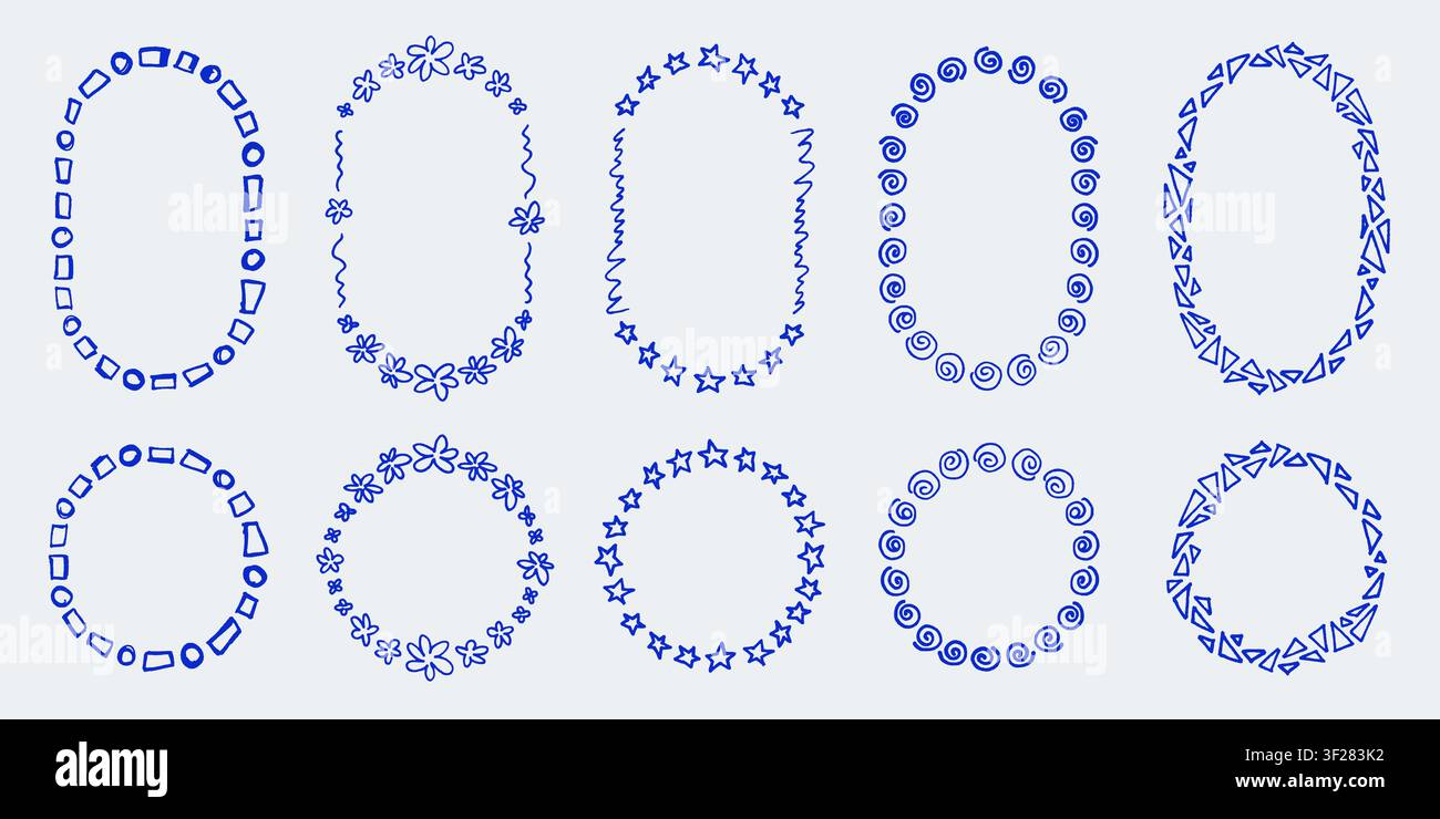 Funny doodle round frames set. Blue hand drawn oval and circle borders collection Stock Vector